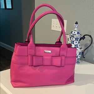 KATE SPADE large hot pink handbag with bow front and white, black interior